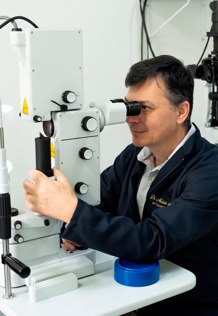 Oftalmologista examinando paciente na lâmpada de fenda